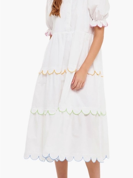 English Factory Dresses & Skirts - English Factory White Tiered Midi Dress with Multicolor Scallop Trim